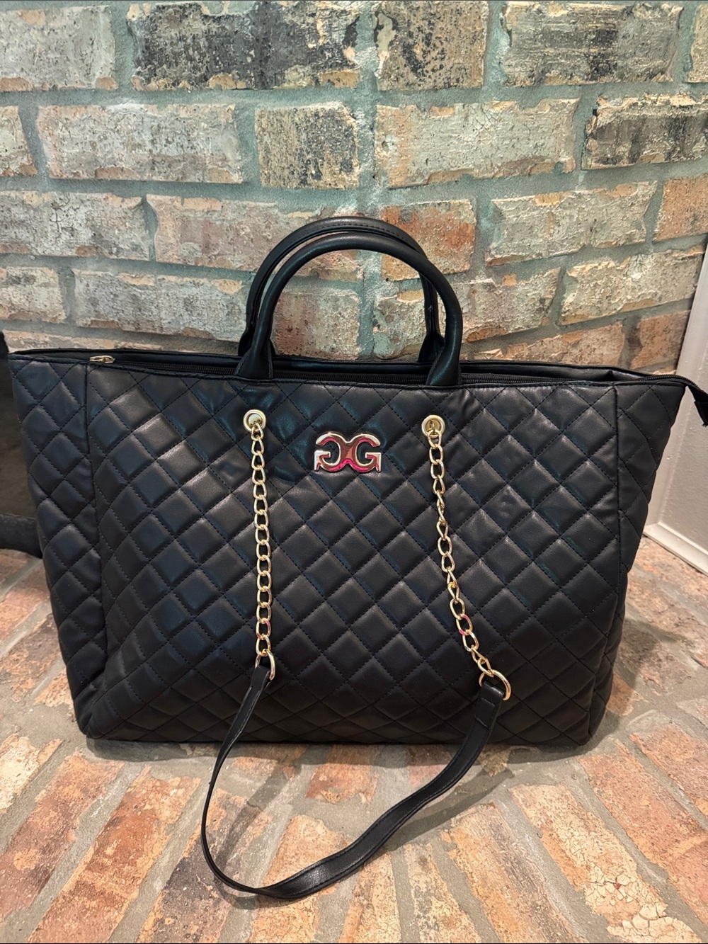 GILDA PARIS  Large  Quilted Black Tote Bag with Gold Chain Handles